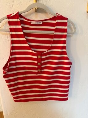Mango Red and White Striped Tank with Gold Button Henley